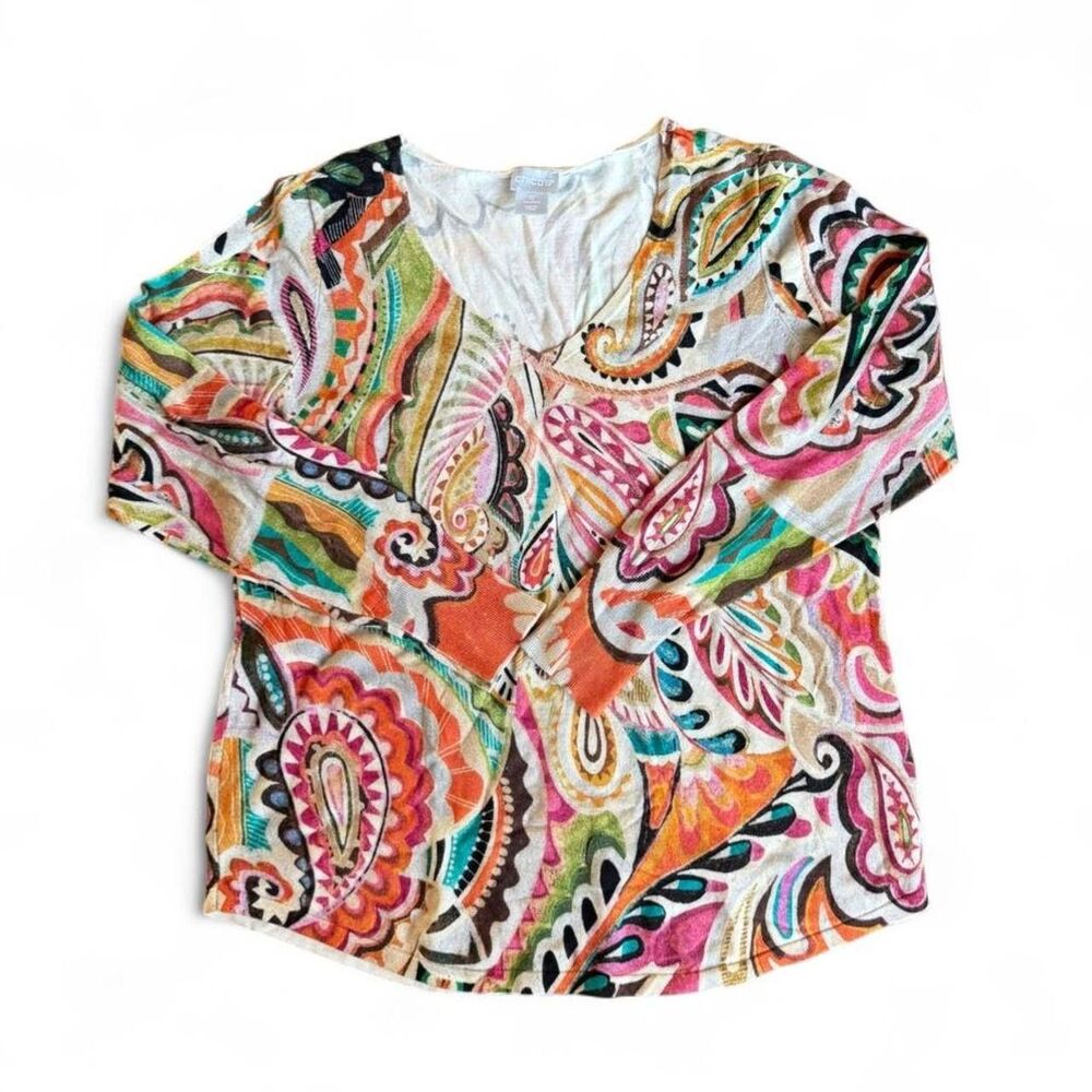 Chico's Women's Size S Orchid Paisley Floral V-Neck Knit Pullover Top